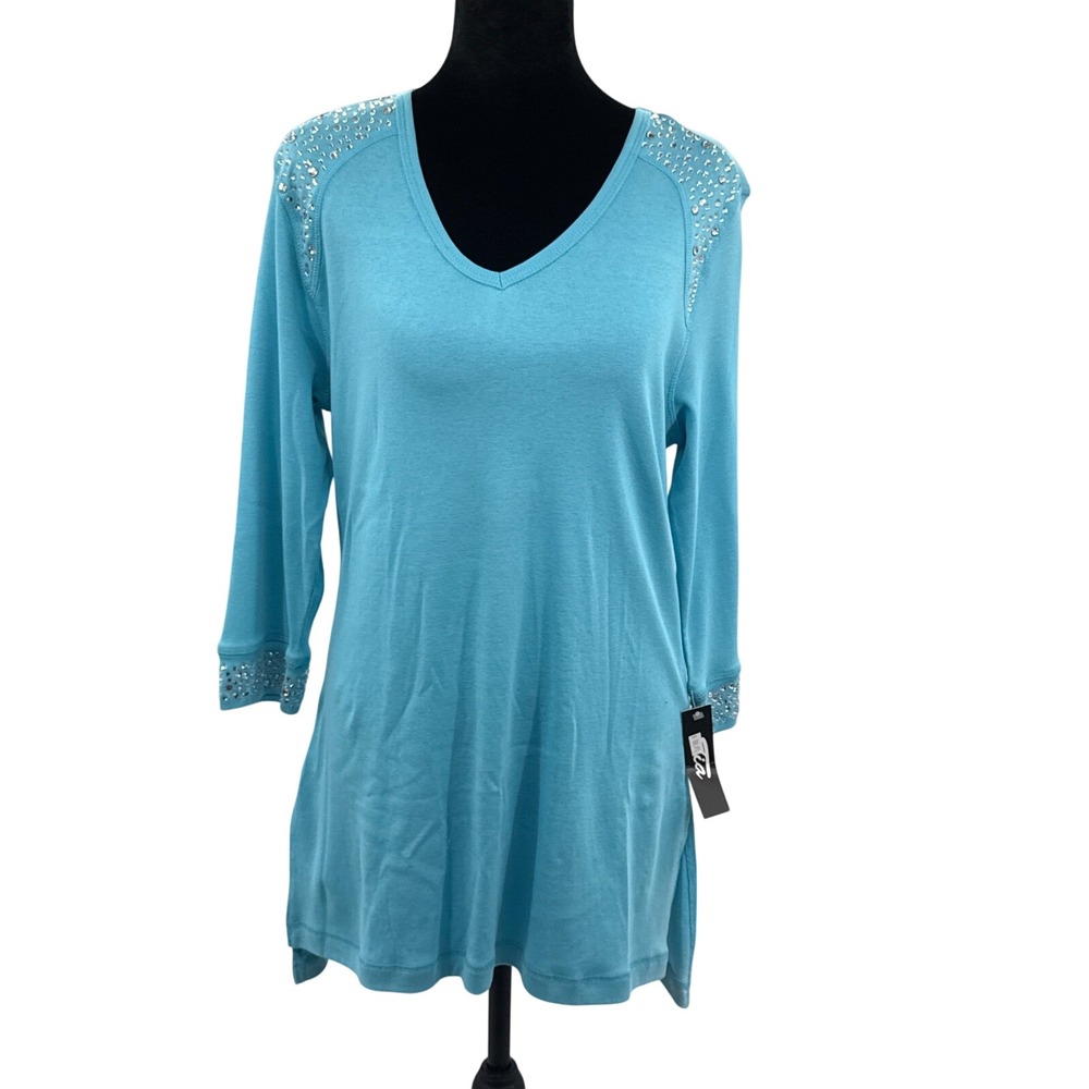 Tia Turquoise Blue Rhinestone Embellished V-Neck 3/4 Sleeve Tunic Top Small NWT